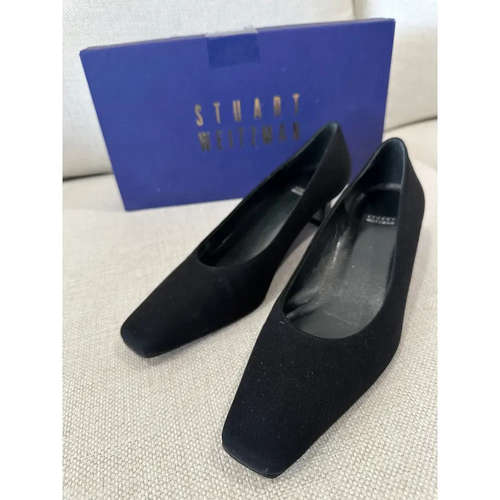 Stuart Weitzman River Heels – Naughty Viola Luau Linen – Size 6.5B in Black